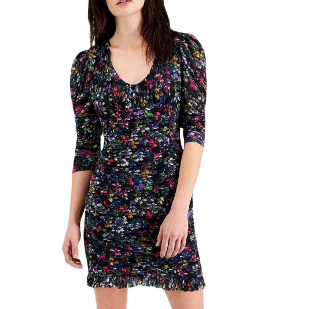 French Connection Womens 0 Zelka Alanna Jersey Colorful Ruched Long Sleeve Dress - Picture 2 of 6